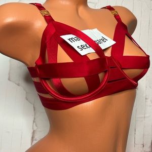 VS LUXE 32 34 36 BRA BANDED STRAPPY CAGED CUT OUT BONDAGE RED RINGS HARNESS
